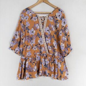 ODDI Top Blouse Womens Medium Multicolor Ribbon Trim Boho Cottage Casual